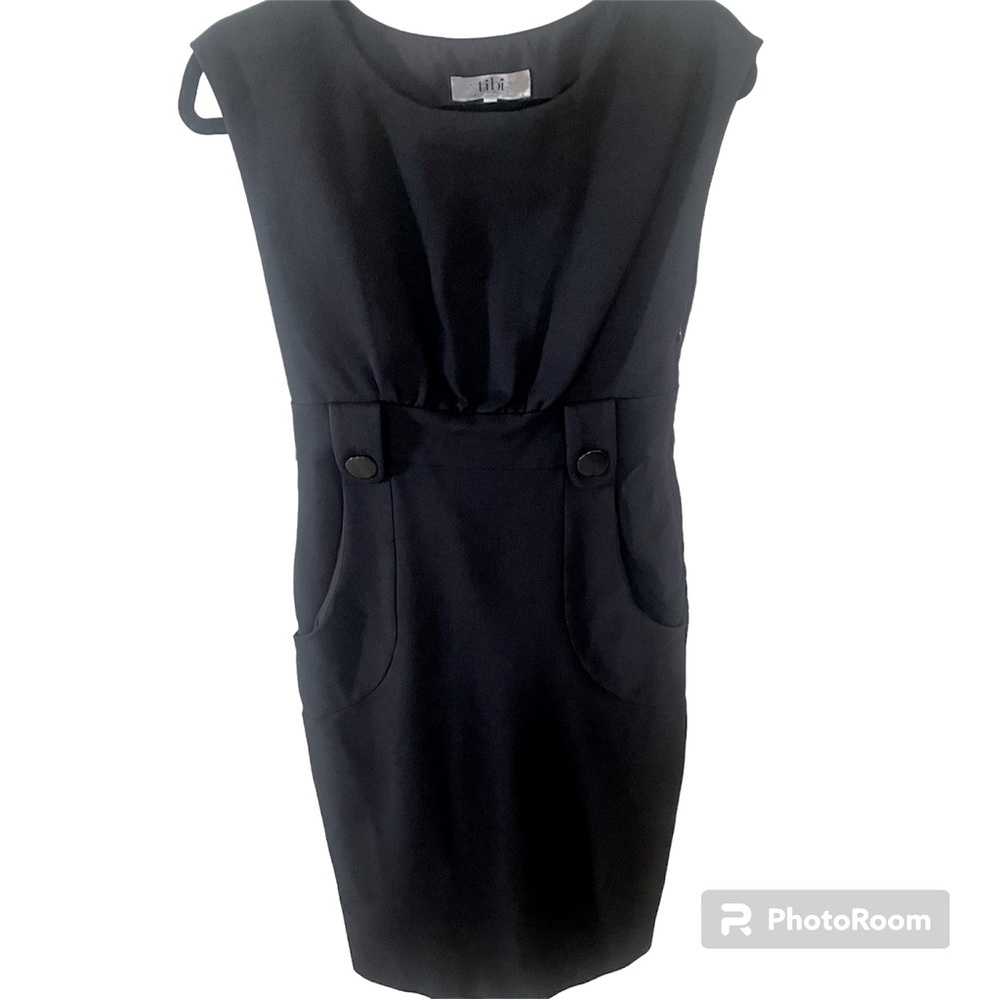- Womens Black Tibi Sleeveless Fitted Mini Dress With Front Pockets/ Butto…
